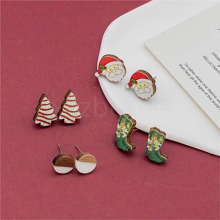 4 Pairs Santa Claus & Boot & Christmas Tree Printed Wood Stud Earrings EJEW-OY001-03-1