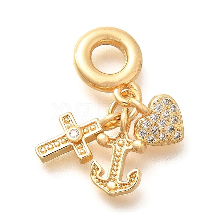 Brass Clear Cubic Zirconia Cross & Anchor & Heart European Dangle Charms KK-U048-08G-1