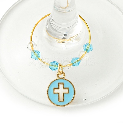 Flat Round with Cross Alloy Enamel Wine Glass Charms AJEW-JO00205-1