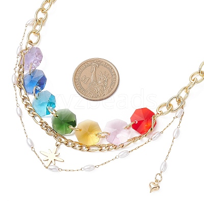 Star Pendant Chakra Octagon Glass Beaded 304 Stainless Steel Figaro Chain Bib Necklaces for Women NJEW-JN05533-1