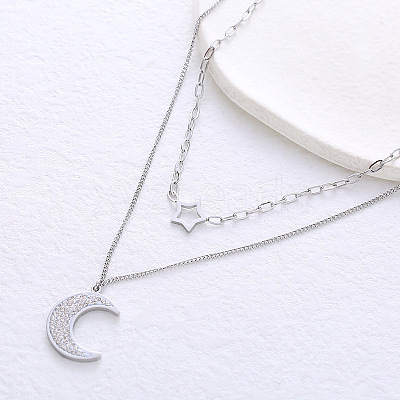 Stainless Steel Star Moon Pendant Double Layer Necklaces for Women MW8125-1-1
