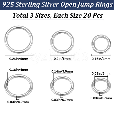 60Pcs 3 Styles 925 Sterling Silver Open Jump Rings STER-BBC0006-20-1