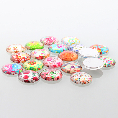 Half Round/Dome Floral Printed Glass Cabochons GGLA-A002-20mm-UU-1