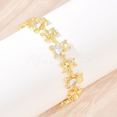 Bear Brass Micro Pave Cubic Zirconia Link Chain Bracelets for Women BJEW-K248-05G-1