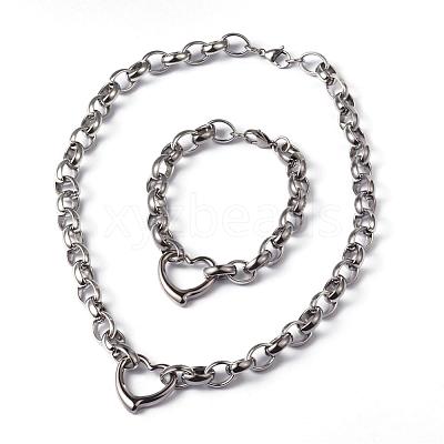 Tarnish Resistant Heart 304 Stainless Steel Link Necklaces and Bracelets Jewelry Sets SJEW-F132-08P-1