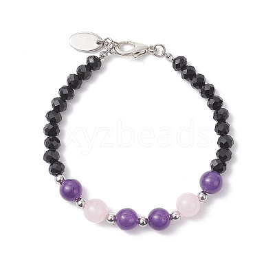 Natural Rose Quartz & Glass Round Beaded Bracelets for Women BJEW-JB12210-02-1