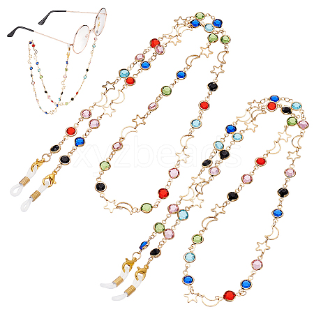2Pcs 2 Color Brass Moon & Star & Glass Flat Round Link Chain Eyeglasses Chains AJEW-AB00068-1