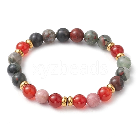 8.5mm Round Natural Rhodonite & Carnelian & African Bloodstone & Brass Beaded Stretch Bracelets for Women BJEW-JB10717-1