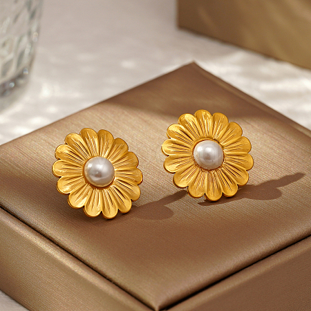 Stylish Stainless Steel & Imitation Pearl Flower Stud Earrings for Women's Daily Wear YI8349-1