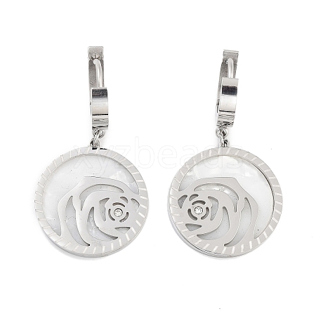 Left and Right Flat Round with Rose 304 Stainless Steel Shell Dangle Earrings EJEW-L283-070P-1