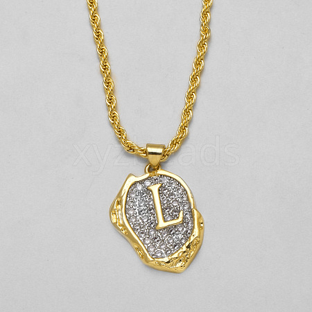Brass Crystal Rhinestone Oval with Letter Pendant Necklaces FS-WG7CB6D-10-1