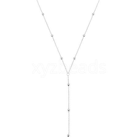 Rhodium Plated 925 Sterling Silver Y Chain Necklace for Women 18K Gold Plated Round Beads Long Dainty Y-Shaped Necklace Jewelry Gift for Women JN1095A-1