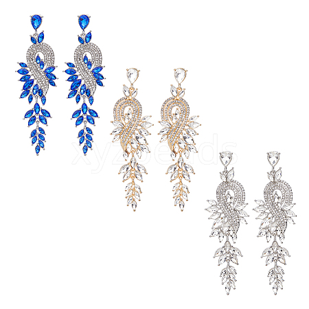 3 Pairs 3 Colors Sparkling Rhinestone Leafy Branch Dangle Stud Earrings EJEW-FI0001-90-1