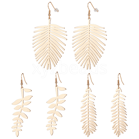 ANATTASOUL 3 Pairs 3 Style Alloy Leaf Long Dangle Earrings for Women EJEW-AN0001-73-1