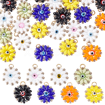 32Pcs 8 Colors Glass Seed Beaded Sunflower with Evil Eye Charms PALLOY-PH01782-1