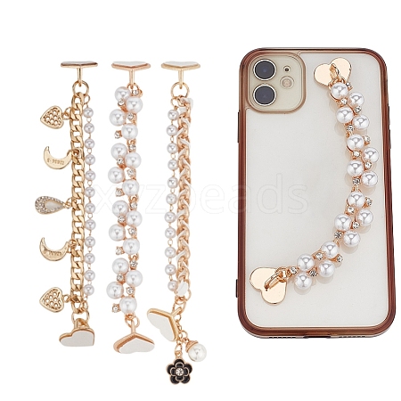 WADORN 3Pcs 3 Style Pearl Plastic Beads Charms Link Chain Phone Case Double Chain Strap Set AJEW-WR0001-42-1