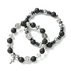 2Pcs 2 Style Natural Lava Rock & Alloy Saint Benedict Medal Beaded Stretch Bracelets Set BJEW-JB09635-1