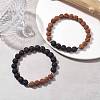 Natural Lava Rock & Wooden Round Beaded Stretch Bracelet BJEW-JB10075-03-3