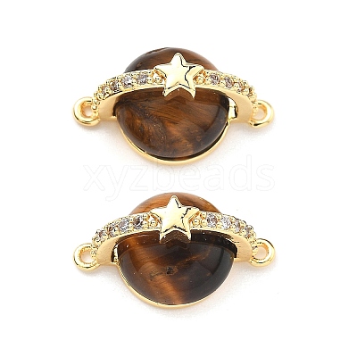 Brass Pave Natural Tiger Eye Planet Connector Charms KK-B129-03G-1