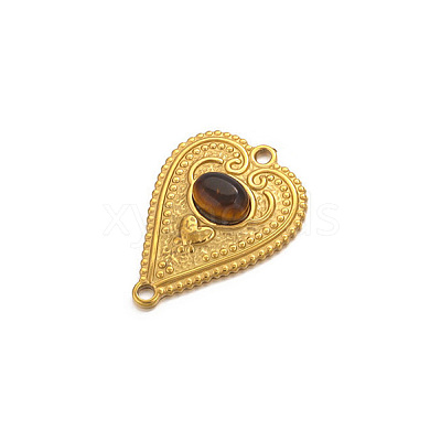 Stainless Steel Pave Natural Tiger Eye Peach Heart Connector Charms PW-WG0EEB2-03-1