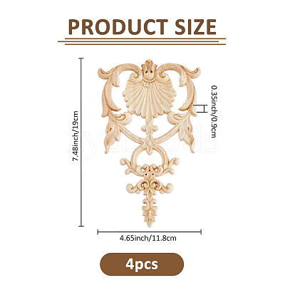 4Pcs Natural Solid Wood Carved Onlay Applique Craft WOOD-FH0002-37-1