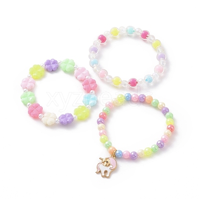 3Pcs 3 Style Acrylic Clover & Imitation Pearl Beaded Stretch Bracelets Set BJEW-JB09104-1