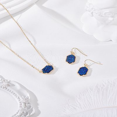 Hexagon Alloy Resin Pendant Necklaces and Dangle Earrings Sets for Women SJEW-LP0001-52C-1