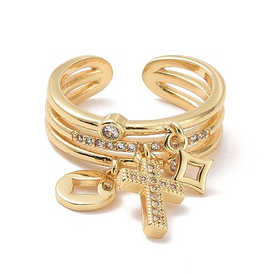 Clear Cubic Zirconia Cross & Coin & Star Charms Open Ring RJEW-P032-31G-1