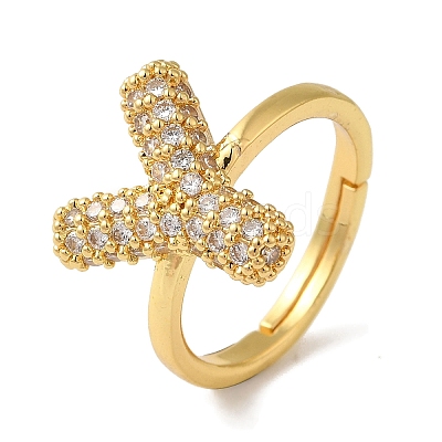Rack Plating Letter Brass Micro Pave Clear Cubic Zirconia Adjustable Rings for Women KK-S391-03G-Y-1