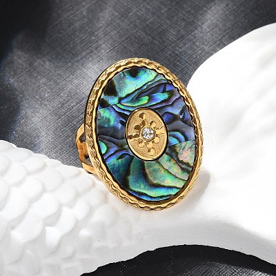 Oval 304 Stainless Steel & Paua Shell & Rhinestone Cuff Rings for Women RJEW-G346-06G-02-1