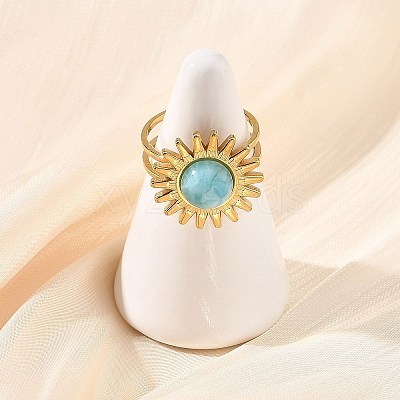 Natural Larimar Cabochons & Stainless Steel Cuff Open Rings RJEW-JR01090-01-1