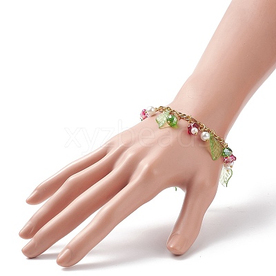 5Pcs 5 Color Glass Pearl & Trumpet Flower & Acrylic Leaf Charm Bracelets Set BJEW-JB08909-1