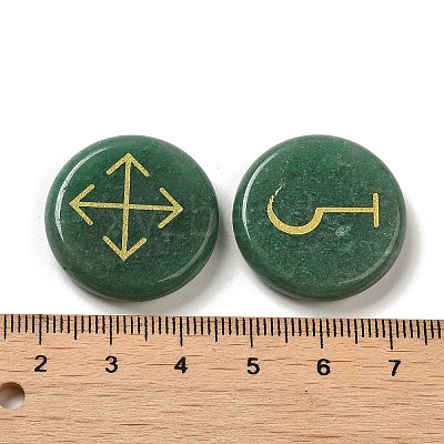 13Pcs Flat Round Natural Green Aventurine Rune Stones G-K335-08B-1