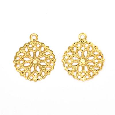 Flat Round Brass Flower Filigree Findings Charms Pendants X-KK-O015-05G-1