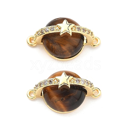 Brass Pave Natural Tiger Eye Planet Connector Charms KK-B129-03G-1