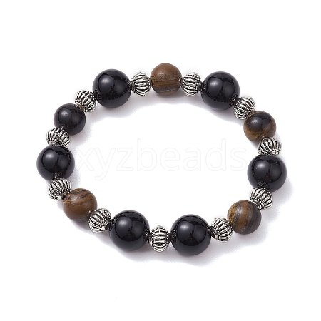 12mm Round Natural Black Onyx(Dyed & Heated) & 10mm Round Natural Tiger Eye & Alloy Beaded Stretch Bracelets for Women BJEW-JB10559-1