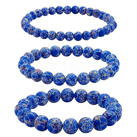 3Pcs 3 Size Synthetic Imperial Jasper Round Beaded Stretch Bracelets Set BJEW-SW00064-33-1