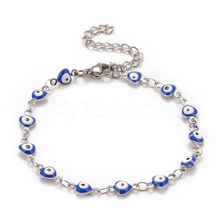 Enamel Heart with Evil Eye Link Chains Bracelet BJEW-P271-06P-02-1