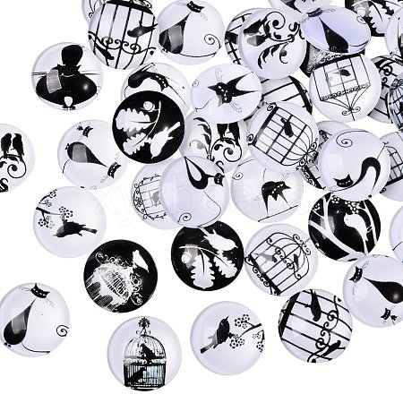 50Pcs Retro Black and White Picture Glass Cabochons GGLA-SZ0001-24-1