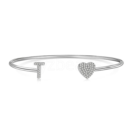 Anti-Tarnish Heart & Letter Rhodium Plated 925 Sterling Silver Micro Pave Cubic Zirconia Cuff Bangles for Women BJEW-C062-01T-P-1