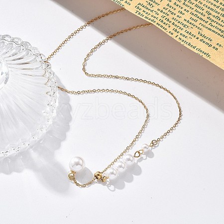 Ion Plating(IP) 304 Stainless Steel & White Plastic Pearl Round Pendant Lariat Necklaces for Women NJEW-P320-18G-1