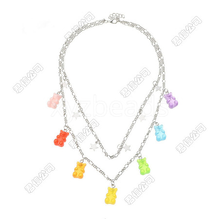 Alloy Star & Resin Bear Pendant Double Layer Necklaces for Women WG0729C-11-1