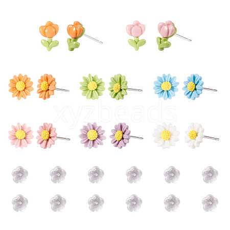 10pcs 8 style Flower Porcelain Stud Earrings EJEW-TA0001-30-1