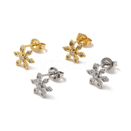 Rack Plating Brass Micro Pave Clear Cubic Zirconia Snowflake Ear Studs EJEW-F301-13-1