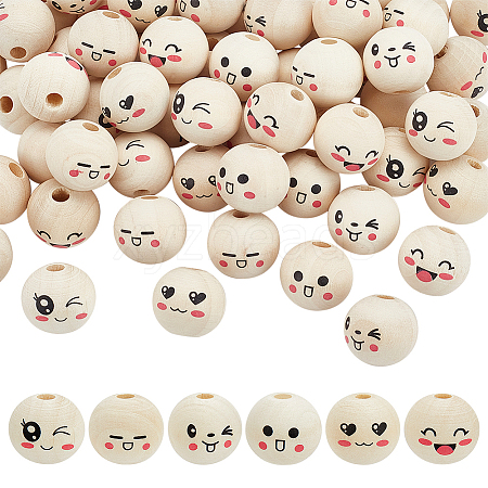 60Pcs 6 Styles Printed Wood European Beads WOOD-FG0001-46-1