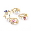 Clear Cubic Zirconia Leaf & Enamel Evil Eye Open Cuff Ring RJEW-P032-04G-1