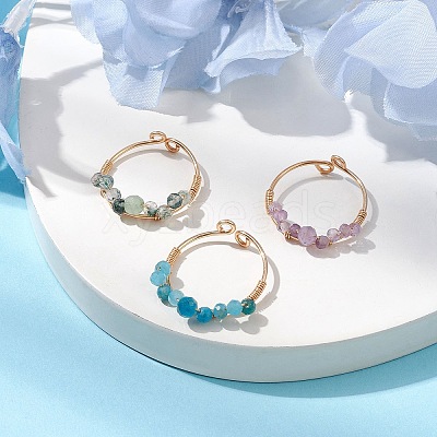 Round Natural Moss Agate & Apatite & Amethyst Open Cuff Rings RJEW-TA00129-1