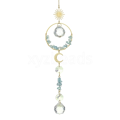 Glass Beads &  Natural Aquamarine Chip Beads & Brass Hanging Suncatchers HJEW-JM04994-03-1