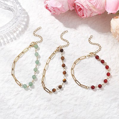 3Pcs Natural Carnelian & Green Aventurine & Tiger Eye Beaded Link Chain Bracelets BJEW-JB12657-1
