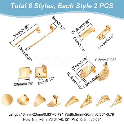 16Pcs 8 Style 304 Stainless Steel Stud Earrings Finding STAS-UN0042-34-1